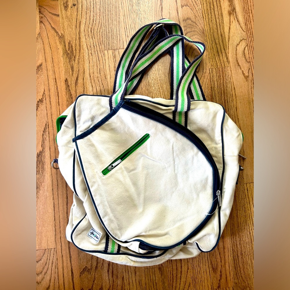 Ame & Lulu Tennis Bag. Green and Navy Stripe